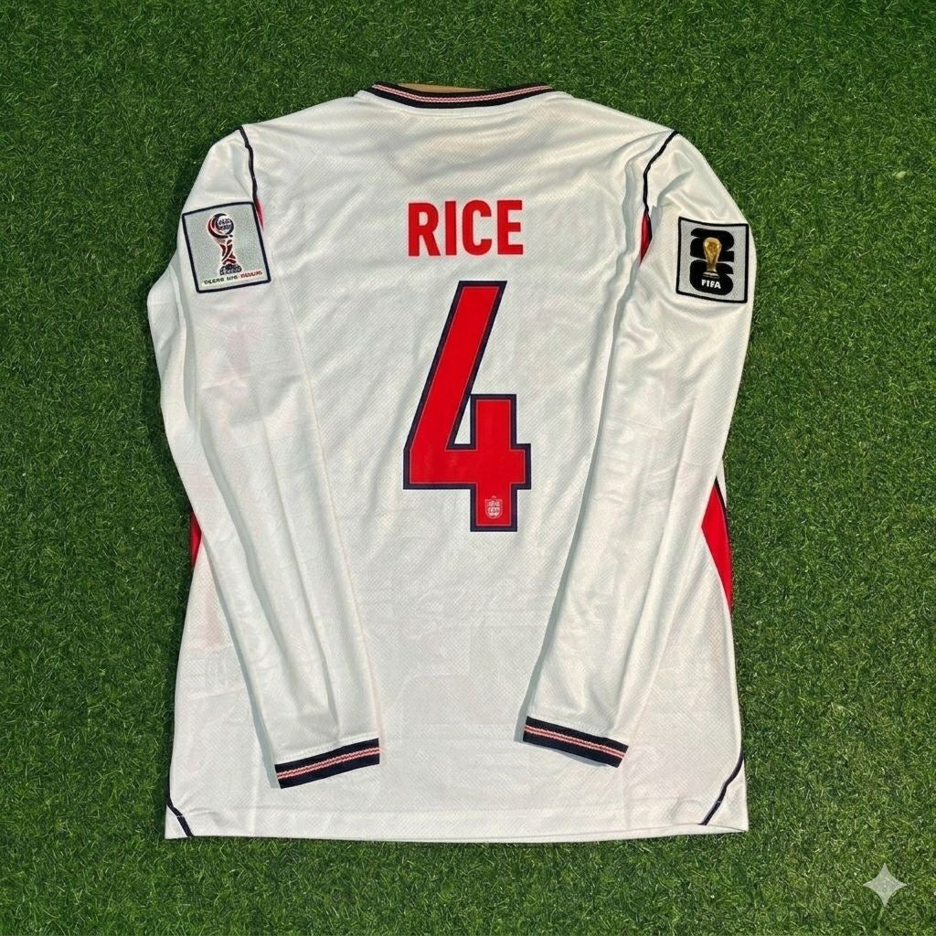 Declan Rice #4 Angleterre Maillot Domicile Coupe du Monde 2026 Blanc Manches Longues