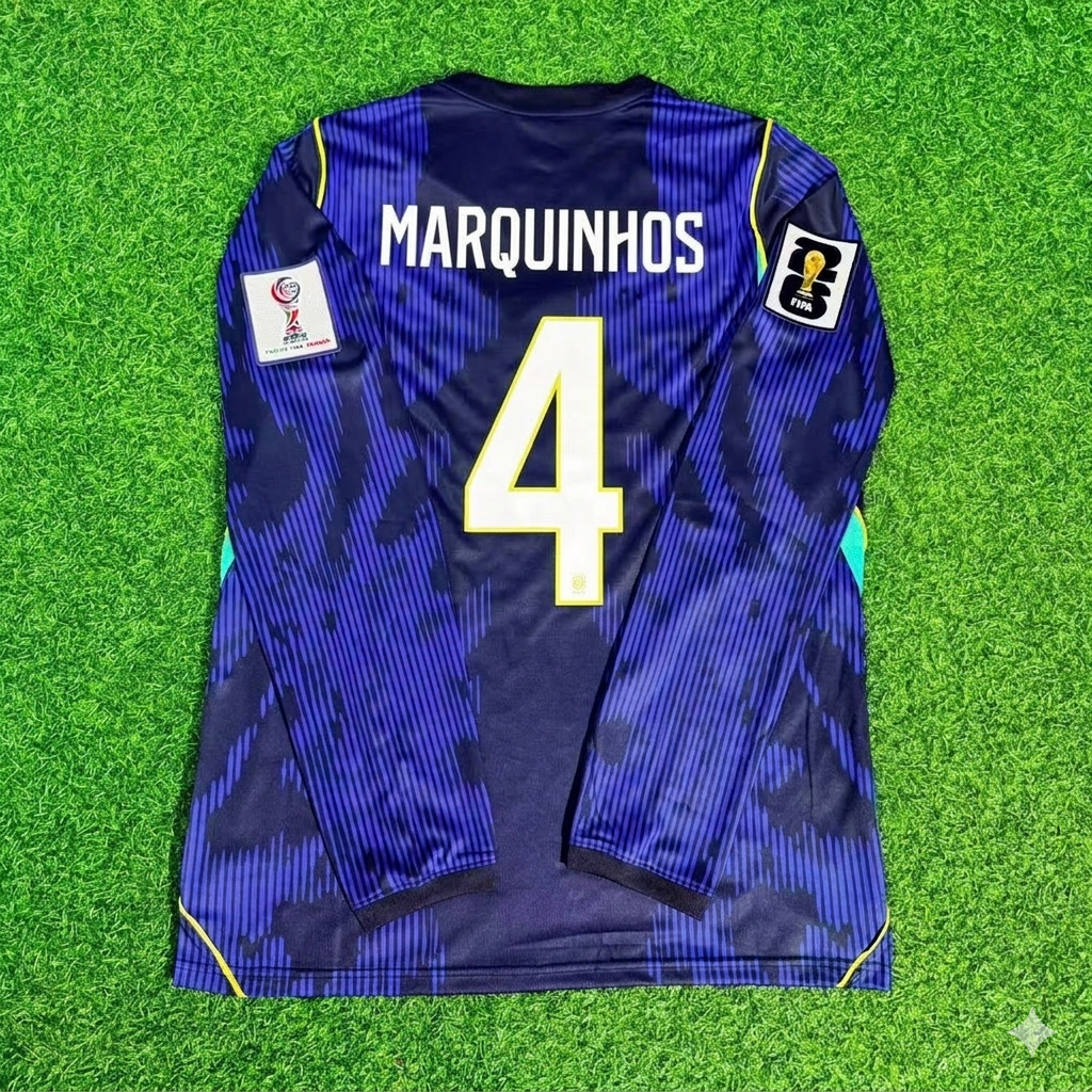 Marquinhos 4# Brasilien 2026 WM Langarm Blaues Auswärtstrikot