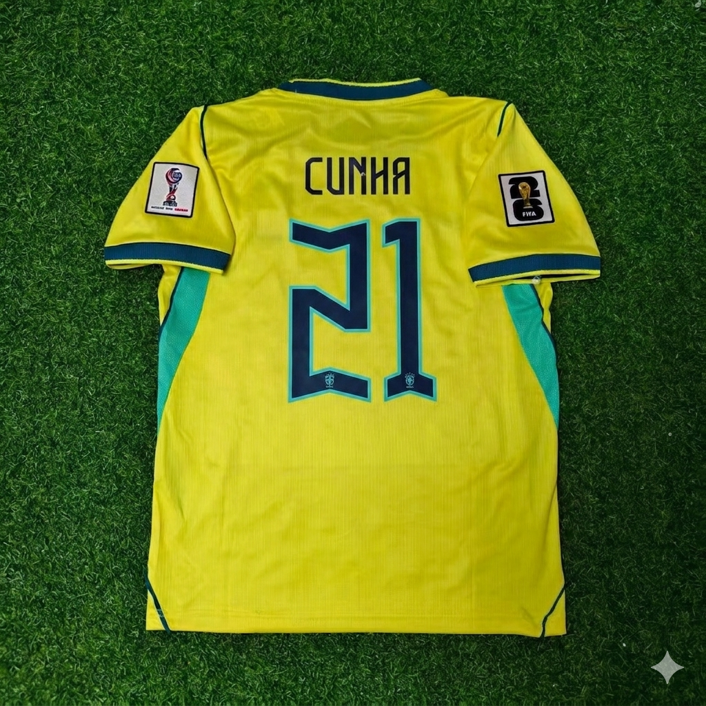 Maillot de football domicile jaune Matheus Cunha #21 Brésil Coupe du Monde 2026