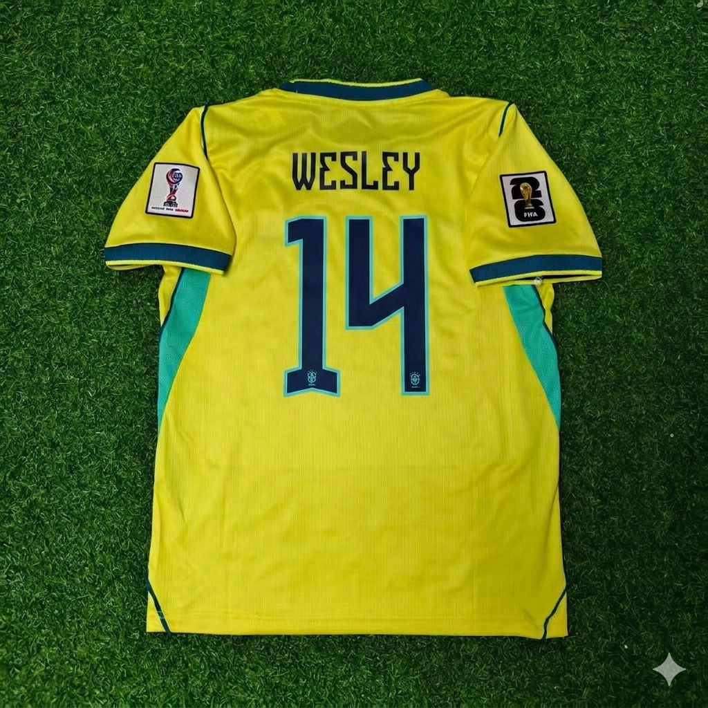 Maillot de football domicile jaune Wesley #14 Brésil Coupe du Monde 2026